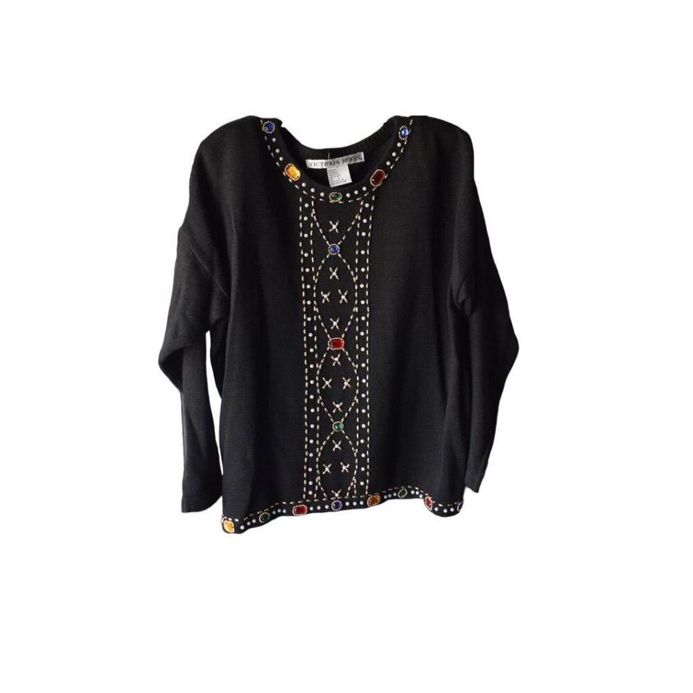 Vintage Women's Victoria Jones Beaded Jeweled Black Sweater L
